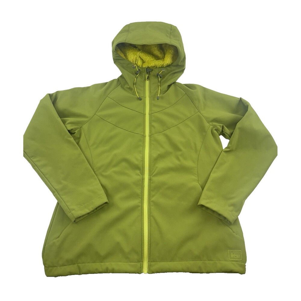 REI Fleece Lined Jacket Green Hood Soft Shell Full Zip Pockets Womens Large